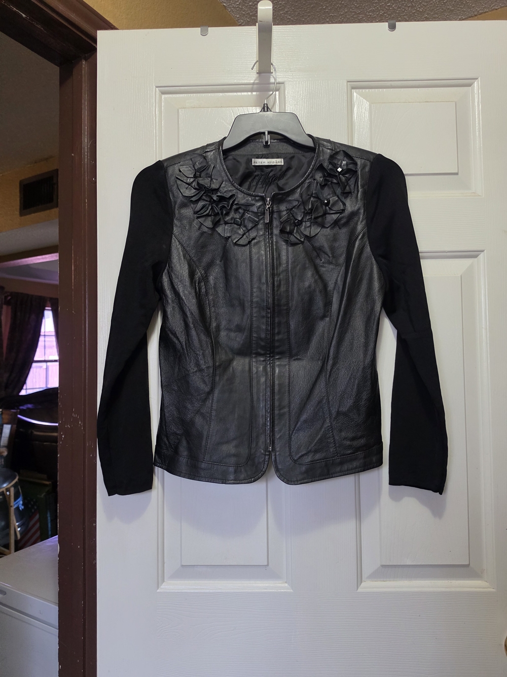 Peter Nygard Black Floral-Applique Faux Leather Jacket